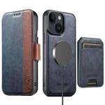 For iPhone 14 Plus Suteni Q07S2 3-in-1 Detachable Vertical Flip Wallet MagSafe Splicing Leather Phone Case(Blue)