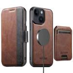 For iPhone 14 Suteni Q07S2 3-in-1 Detachable Vertical Flip Wallet MagSafe Splicing Leather Phone Case(Brown)