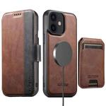 For iPhone 12 Suteni Q07S2 3-in-1 Detachable Vertical Flip Wallet MagSafe Splicing Leather Phone Case(Brown)