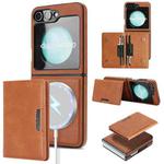 For Samsung Galaxy Z Flip6 Kalebol Strong Magnetic MagSafe 2-Fold Ring Magnetic Card Case Leather Side Sticker Phone Case(Brown)