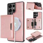 For Samsung Galaxy S25 Ultra Kalebol Strong Magnetic MagSafe 2-Fold Ring Magnetic Card Case Leather Side Sticker Phone Case(Pink Gold)