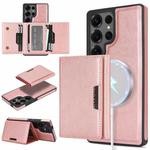 For Samsung Galaxy S25 Ultra 5G Kalebol Strong Magnetic MagSafe Tri-Fold Wallet Side Sticker Leather Phone Case(Pink Gold)