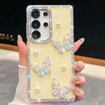 For Samsung Galaxy S25 Ultra 5G Diamond Glitter Pearl Butterfly Four-Corner Shockproof Phone Case(Light Yellow)