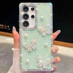 For Samsung Galaxy S25 Ultra 5G Diamond Glitter Pearl Butterfly Four-Corner Shockproof Phone Case(Light Green)