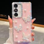 For Samsung Galaxy S24 FE 5G Diamond Glitter Pearl Butterfly Four-Corner Shockproof Phone Case(Light Pink)