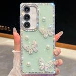 For Samsung Galaxy S24 FE 5G Diamond Glitter Pearl Butterfly Four-Corner Shockproof Phone Case(Light Green)