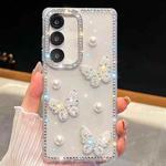 For Samsung Galaxy A35 5G Diamond Glitter Pearl Butterfly Four-Corner Shockproof Phone Case(Transparent)