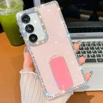 For Samsung Galaxy S24 5G Rhinestone Glitter TPU 4-corners Anti-fall Phone Case with Holder(Light Pink)