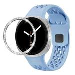 For Samsung Galaxy Watch8 44mm Diamond Bezel and Black Reverse Buckle Silicone Watch Band(Light Blue Silver)