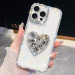 For iPhone 15 Pro Diamond Glitter Gemstone Heart Holder Phone Case(Transparent)