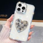 For iPhone 16 Pro Diamond Glitter Gemstone Heart Holder Phone Case(White)