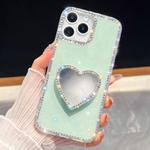 For iPhone 16 Pro Max Diamond Glitter Mirror Heart Holder Phone Case(Light Green)