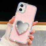 For iPhone 16 Plus Diamond Glitter Mirror Heart Holder Phone Case(Light Pink)