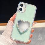 For iPhone 16 Plus Diamond Glitter Mirror Heart Holder Phone Case(Light Green)