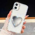 For iPhone 16 Plus Diamond Glitter Mirror Heart Holder Phone Case(Transparent)