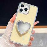 For iPhone 15 Pro Diamond Glitter Mirror Heart Holder Phone Case(Light Yellow)