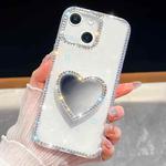For iPhone 15 Diamond Glitter Mirror Heart Holder Phone Case(White)