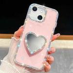 For iPhone 14 Diamond Glitter Mirror Heart Holder Phone Case(Light Pink)
