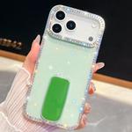 For iPhone 17 Pro Max Rhinestone Glitter TPU 4-corners Anti-fall Phone Case with Holder(Light Green)