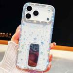 For iPhone 17 Pro Rhinestone Glitter TPU 4-corners Anti-fall Phone Case with Holder(Transparent Stars)