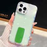For iPhone 13 Pro Max Rhinestone Glitter TPU 4-corners Anti-fall Phone Case with Holder(Light Green)