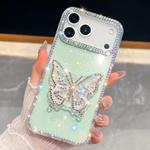 For iPhone 17 Pro Diamond Glitter Butterfly Holder Phone Case(Light Green)