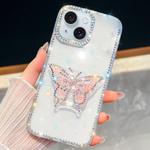 For iPhone 15 Diamond Glitter Butterfly Holder Phone Case(Transparent)