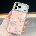 For iPhone 17 Pro Max Diamond Glitter Pearl Butterfly Four-Corner Shockproof Phone Case(Light Pink)