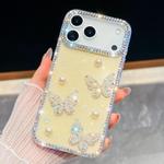 For iPhone 17 Pro Max Diamond Glitter Pearl Butterfly Four-Corner Shockproof Phone Case(Light Yellow)