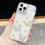 For iPhone 13 Pro Max Diamond Glitter Pearl Butterfly Four-Corner Shockproof Phone Case(White)