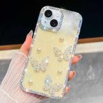 For iPhone 15 Diamond Glitter Pearl Butterfly Four-Corner Shockproof Phone Case(Light Yellow)