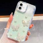For iPhone 16 Plus Diamond Glitter Pearl Butterfly Four-Corner Shockproof Phone Case(Light Green)