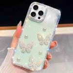 For iPhone 16 Pro Diamond Glitter Pearl Butterfly Four-Corner Shockproof Phone Case(Light Green)
