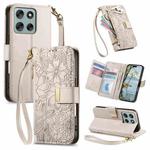 For Motorola Moto G56 5G Flowers Leaves Zipper Wallet Leather Phone Case with Strap(Khaki)