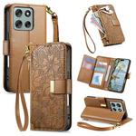 For Motorola Moto G15 / G15 Power Flowers Leaves Zipper Wallet Leather Phone Case with Strap(Brown)
