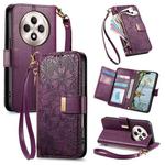 For OPPO Reno12 F Flowers Leaves Zipper Wallet Leather Phone Case with Strap(Purple)