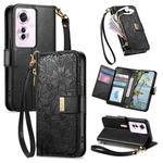 For OPPO Reno11 F 5G Flowers Leaves Zipper Wallet Leather Phone Case with Strap(Black)