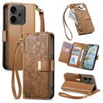 For OPPO Reno14 Glodal Flowers Leaves Zipper Wallet Leather Phone Case with Strap(Brown)