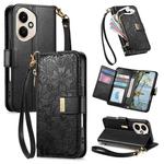 For Honor 400 Glodal 156.5mm Flowers Leaves Zipper Wallet Leather Phone Case with Strap(Black)