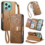 For Honor 400 Lite Glodal Flowers Leaves Zipper Wallet Leather Phone Case with Strap(Brown)