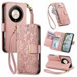For Honor X9b / X50 Flowers Leaves Zipper Wallet Leather Phone Case with Strap(Pink)