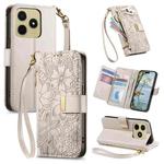 For Realme C63 4G Flowers Leaves Zipper Wallet Leather Phone Case with Strap(Khaki)