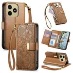 For Realme C75 4G Flowers Leaves Zipper Wallet Leather Phone Case with Strap(Brown)