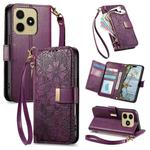 For Realme C75 4G Flowers Leaves Zipper Wallet Leather Phone Case with Strap(Purple)