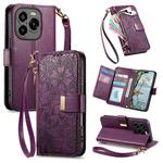 For Oukitel C65 Flowers Leaves Zipper Wallet Leather Phone Case with Strap(Purple)