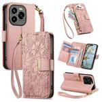 For Oukitel C65 Flowers Leaves Zipper Wallet Leather Phone Case with Strap(Pink)