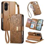 For Redmi A5 4G 171.7mm Flowers Leaves Zipper Wallet Leather Phone Case with Strap(Brown)