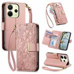 For Redmi Note 12 Turbo Flowers Leaves Zipper Wallet Leather Phone Case with Strap(Pink)