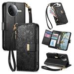 For Redmi K80 / Poco F7 Pro Flowers Leaves Zipper Wallet Leather Phone Case with Strap(Black)