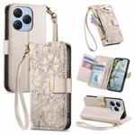 For Blackview Shark 9 5G Flowers Leaves Zipper Wallet Leather Phone Case with Strap(Khaki)